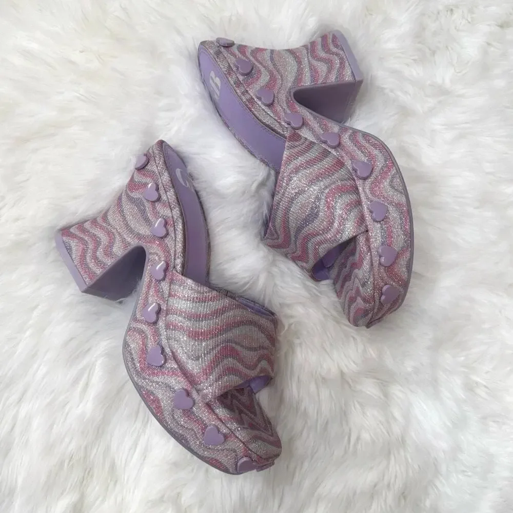GB Heart-String Sparkle Swirl Heart Studded Platform Slide Sandals Sz 6